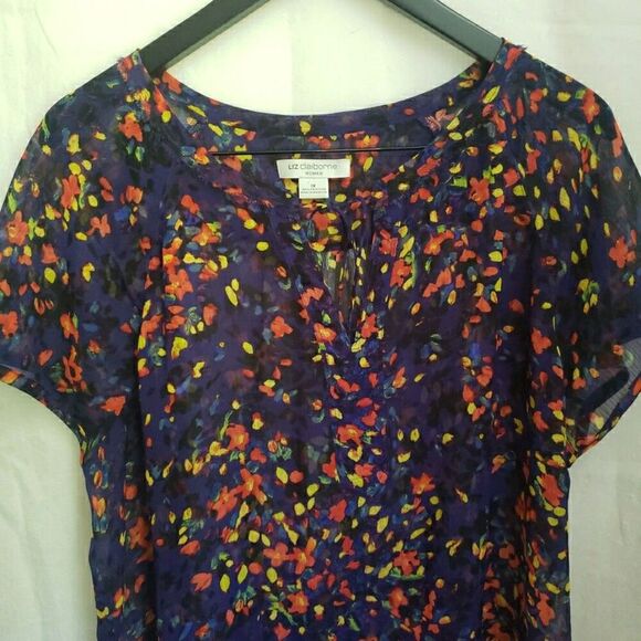 Liz Claiborne Floral Short Sleeve Tie V-Neck Sheer Blouse Top Women's Size 1X - Picture 3 of 10
